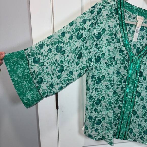 CHICO’S Size 1 Congo Floral Tunic Pullover Semi Sheer Top Green/ White Beaded - Picture 3 of 12